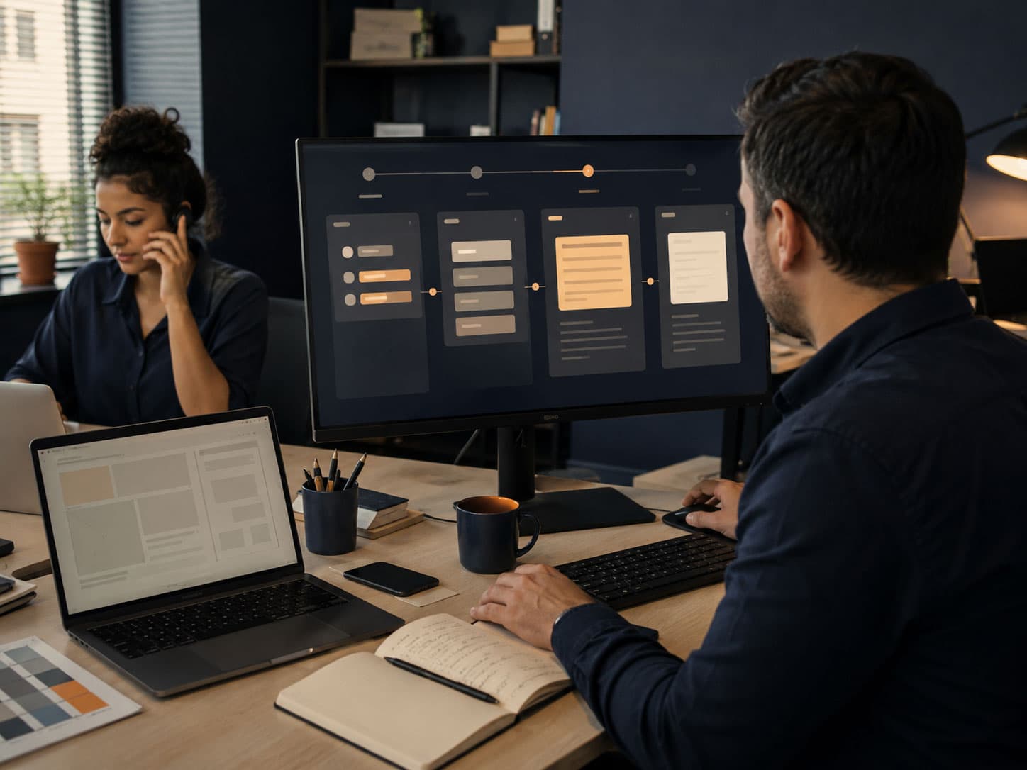Equipe trabalhando com um fluxo digital de inteligência artificial e revisão humana