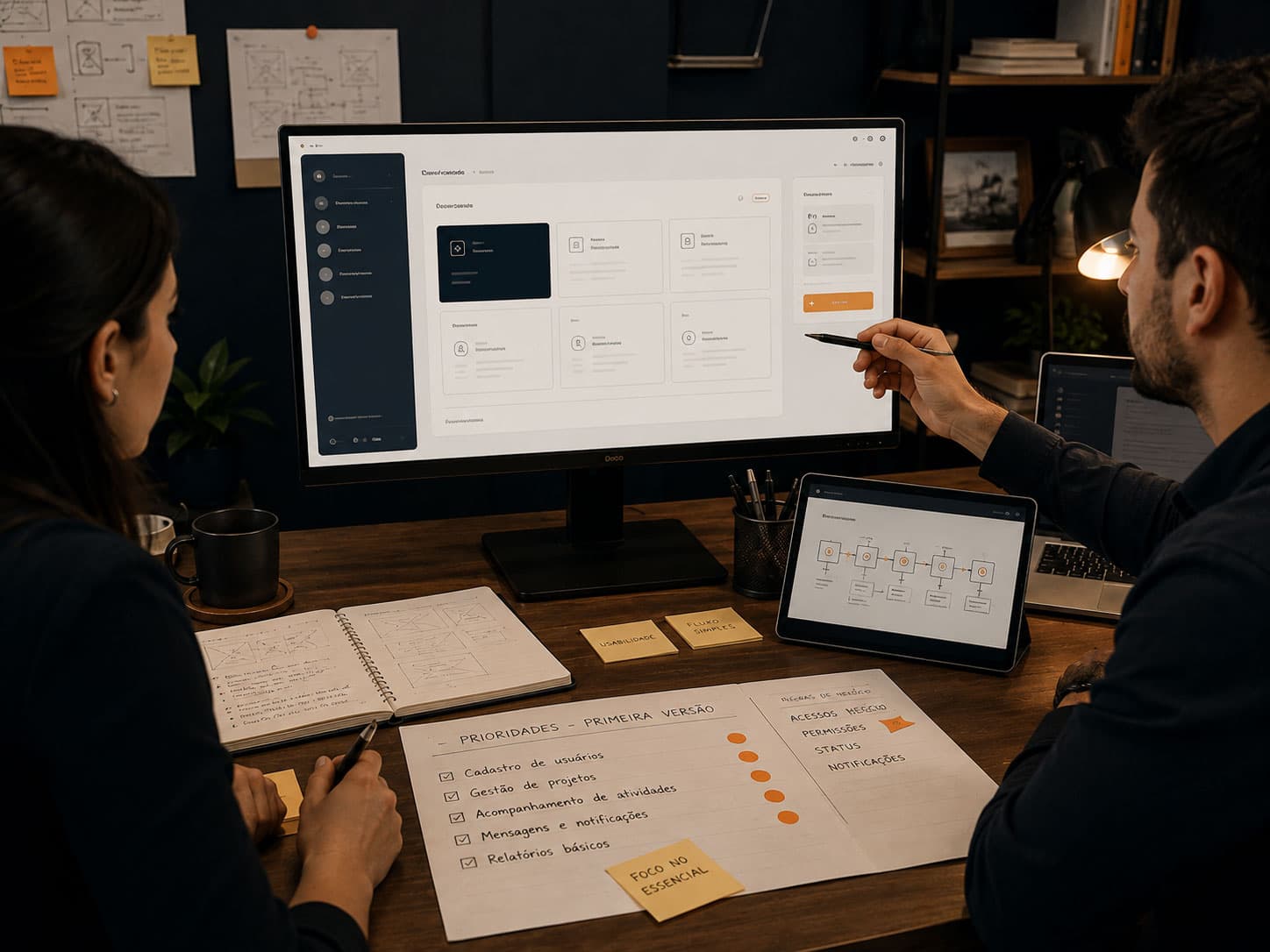 Equipe definindo prioridades e fluxos da primeira versão de um software sob medida
