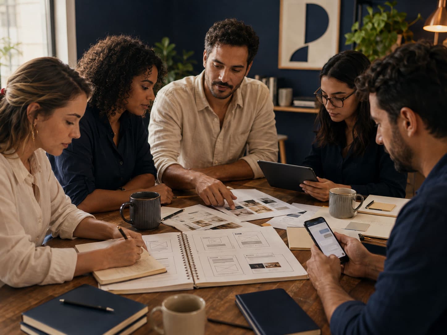 Equipe reunida planejando páginas, conteúdo e jornada comercial de uma PME